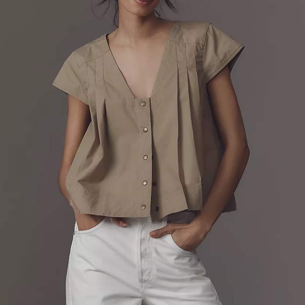 Anthropologie Taupe Button-Down Cap Sleeve Shirt